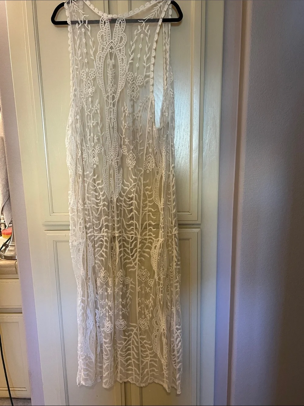 Embroidered Sheer Lace Duster Vest — White